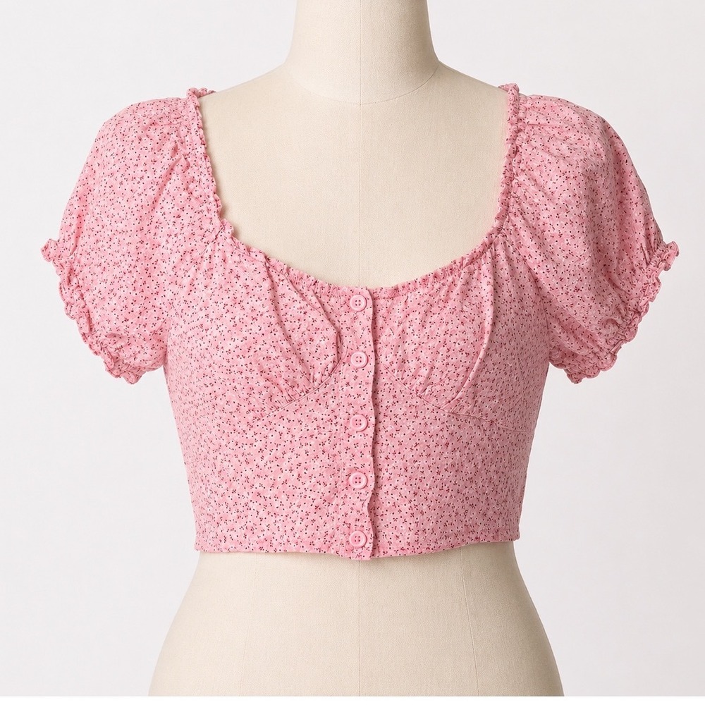 Princess Polly Pink Floral Ditsy Crop Top Fairy Cottage Button Front Blouse Sz 8